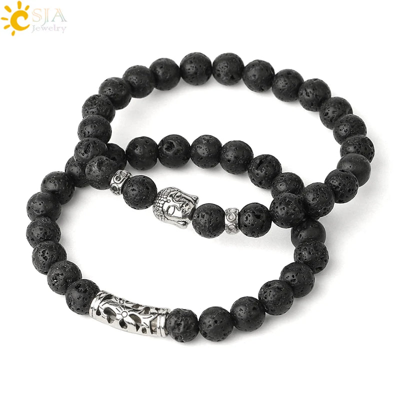 CSJA 8mm Natural Stone Bracelet Set Buddha Head Elastic Strand Bracelets
