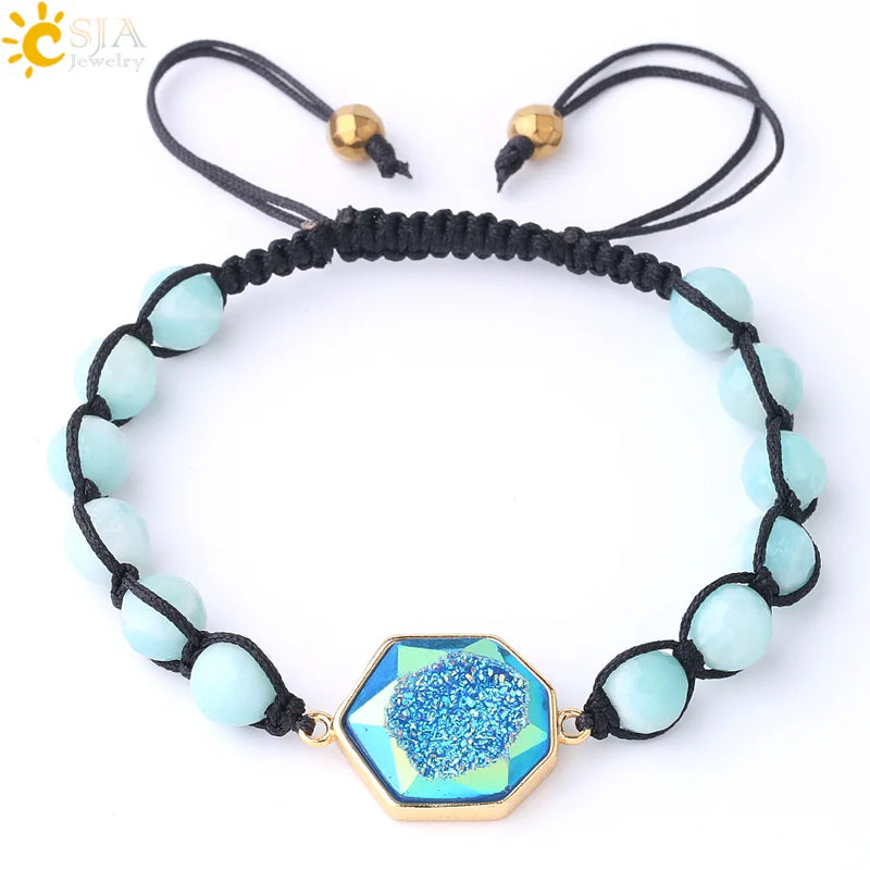 CSJA 8mm Natural Stone Bracelet Purple Quartz Crystal Tourmaline Amazonite Druzy