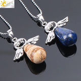 CSJA Angel Stone Necklace Pink Quartz Lapis Lazuli Pendant Women Jewelry E947