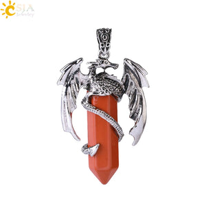 CSJA Dragon Man Necklace Pink Quartz Pendant Vintage Jewelry