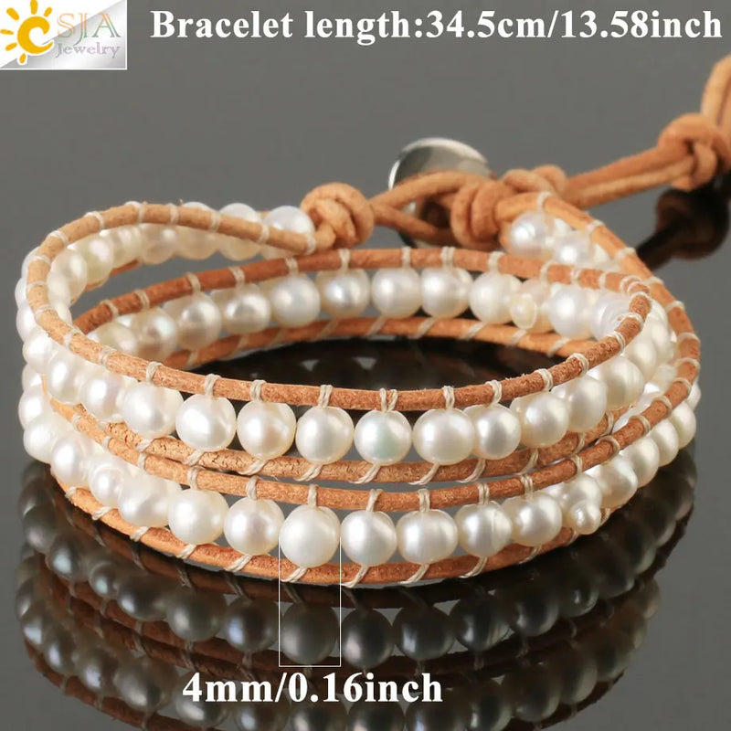 CSJA Atural Pearl Bracelets Women Leather Wrap Bangles Boho Jewelry S631
