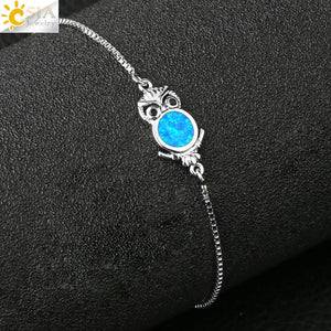CSJA Opal Link Bracelet Owl Charms Adjustable Silver-color Bangles