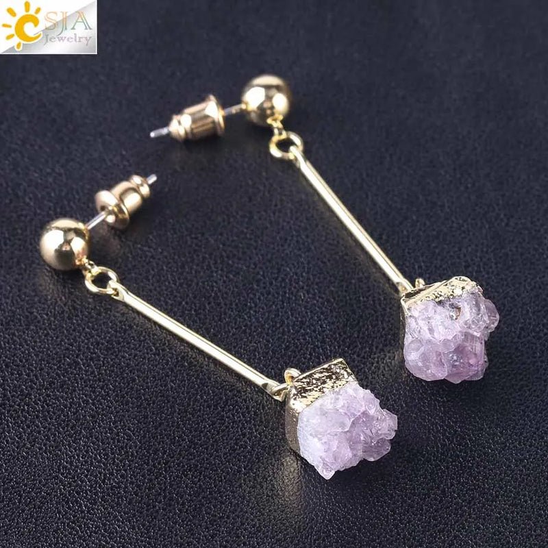 CSJA Natural Quartz Crystal Druse Gems Dangle Earrings