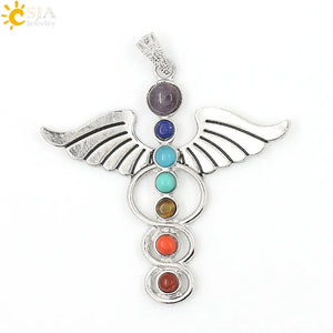 CSJA Chakras Stone Pendant Angel Wings Amulet Yoga Necklace