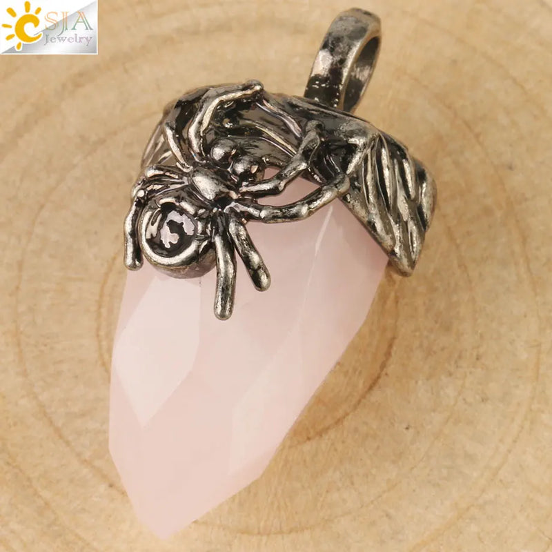 CSJA Cone Faceted Antique Silver Pendant Pink Crystal Lapis Spider Necklaces