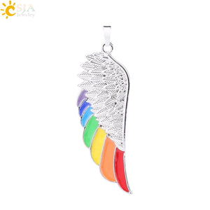 CSJA Copper Angel Wing Necklace Rainbow Enamel Beads Vintage Charm Jewelry