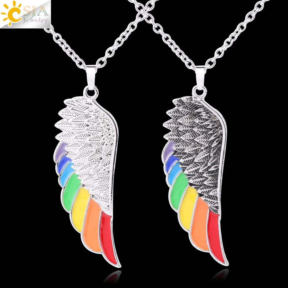 CSJA Copper Angel Wing Necklace Rainbow Enamel Beads Vintage Charm Jewelry