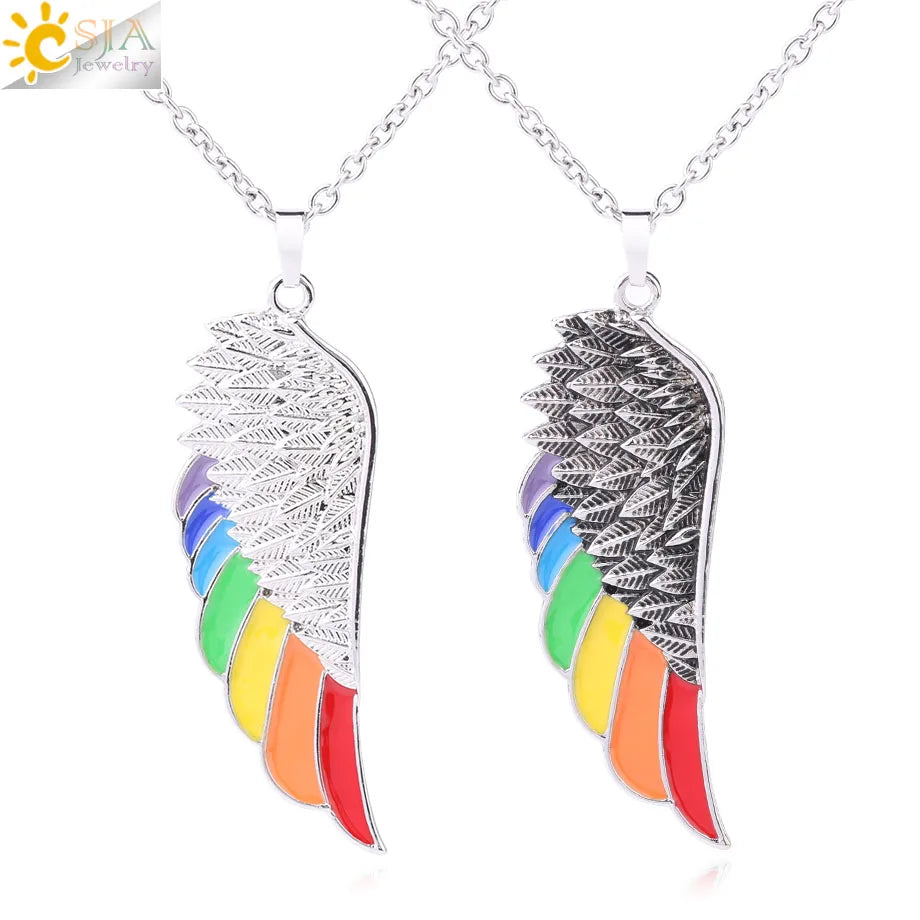 CSJA Copper Angel Wing Necklace Rainbow Enamel Beads Vintage Charm Jewelry