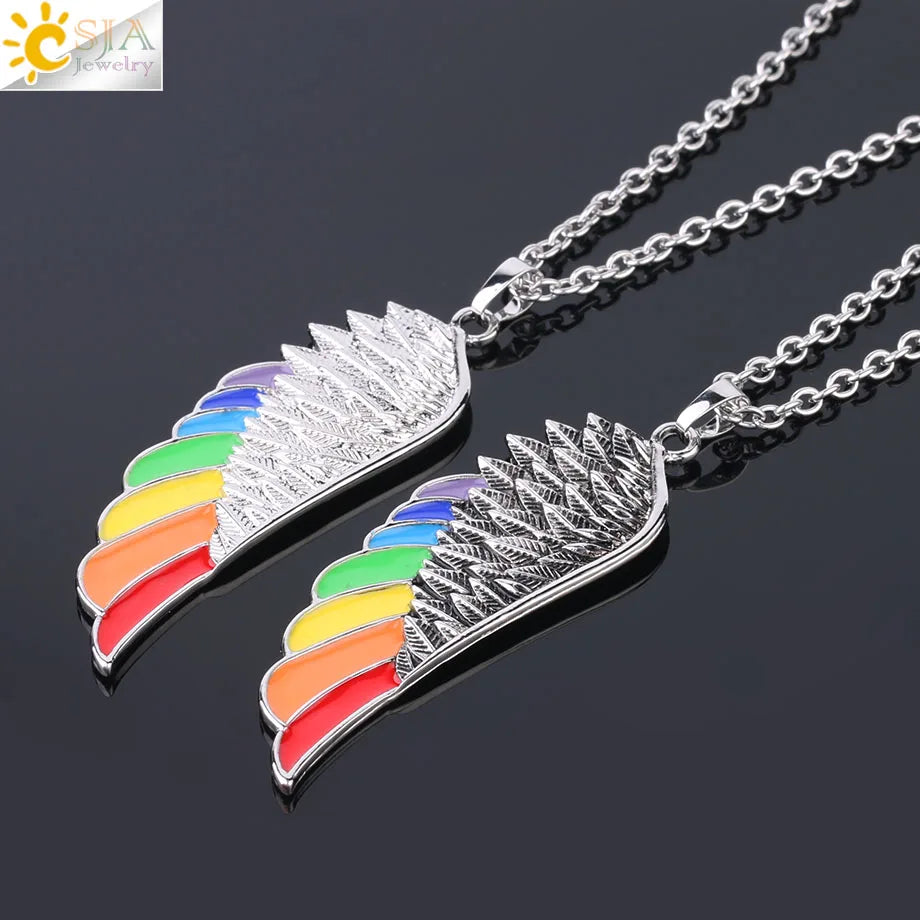 CSJA Copper Angel Wing Necklace Rainbow Enamel Beads Vintage Charm Jewelry