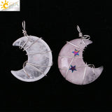 CSJA Crescent Moon Star Necklace Pink Quartz Chakra Healing Stone H010