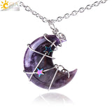 CSJA Crescent Moon Star Necklace Pink Quartz Chakra Healing Stone H010