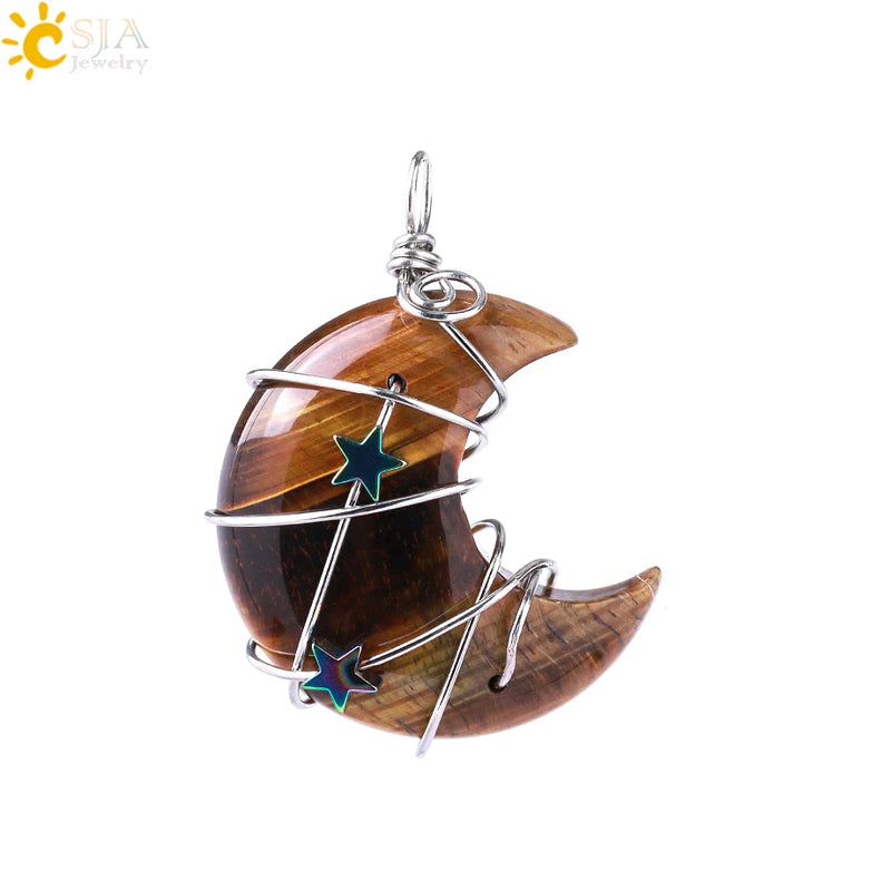 CSJA Crescent Moon Star Necklace Pink Quartz Chakra Healing Stone H010