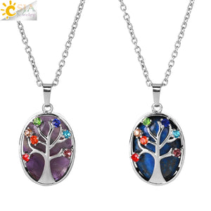 CSJA Reiki Tree of Life Necklace Healing 7 Chakra Pink Quartz Amethyst Jewelry