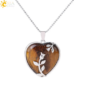 CSJA Tiger Eye Crystal Necklace Heart Pendant Healing Flower Jewelry G941