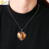 CSJA Tiger Eye Crystal Necklace Heart Pendant Healing Flower Jewelry G941
