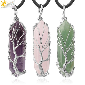 CSJA Natural Crystal Pendant Hexagonal Silver Necklace
