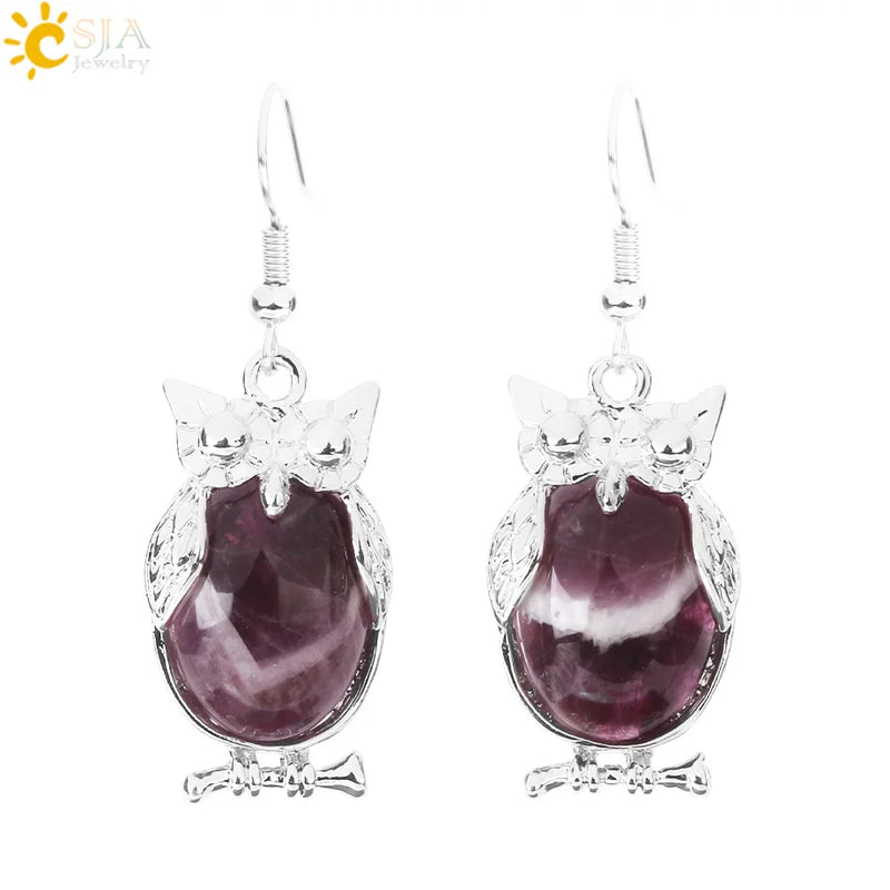 CSJA Owl Pendant Natural Stone Bead Drop Earrings