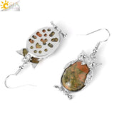 CSJA Owl Pendant Natural Stone Bead Drop Earrings