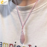 CSJA Pink Quartz Crystal Water Drop Necklace