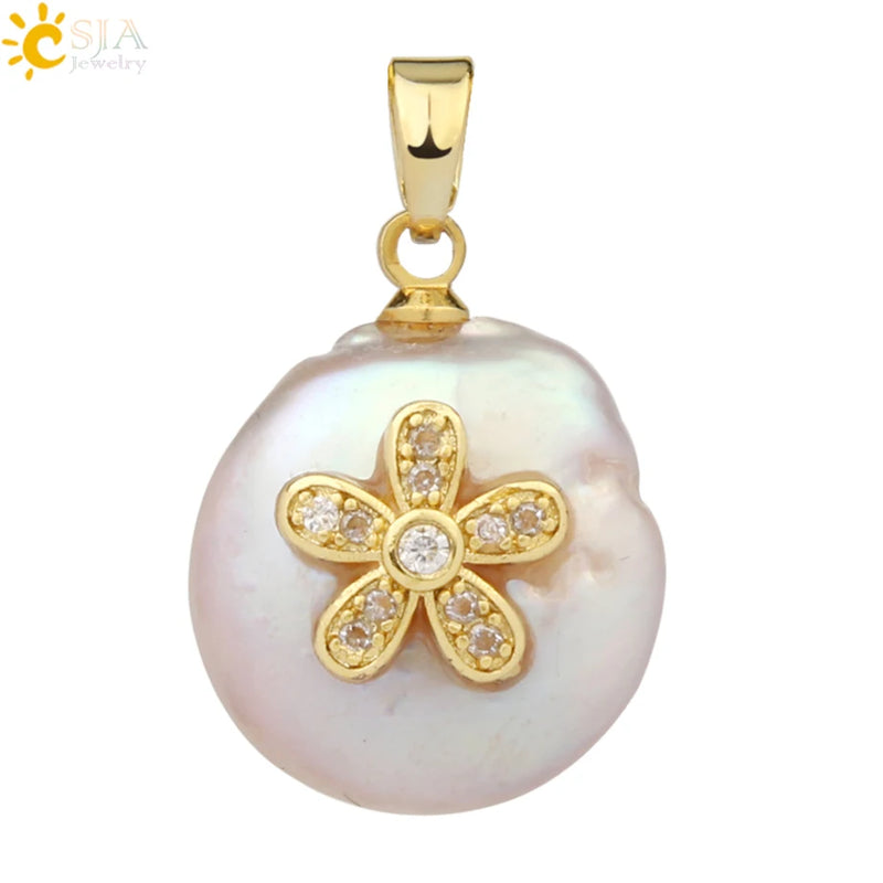 CSJA Freshwater Pearl Pendant Tiny Bead Necklace CZ Love Heart Flower Charms