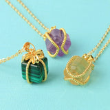 CSJA Square Gem Stone Necklace Wire Wrap Pendant Delicate Jewelry