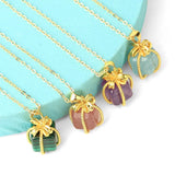 CSJA Square Gem Stone Necklace Wire Wrap Pendant Delicate Jewelry