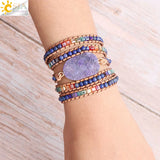 CSJA Bohemian Multilayer Leather Bead Bracelet Wrap Purple Druzy Quartz S425