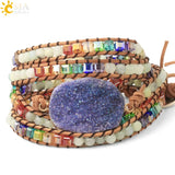 CSJA Bohemian Multilayer Leather Bead Bracelet Wrap Purple Druzy Quartz S425