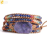 CSJA Bohemian Multilayer Leather Bead Bracelet Wrap Purple Druzy Quartz S425