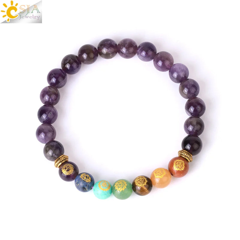 CSJA Healing 7 Chakra Bracelets Natural Stone 8mm Beads Crystal Bangle