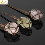 CSJA Natural Stone Pendant Rope Wrap Necklace - Amethyst Rose Crystal Quartz