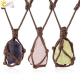 CSJA Natural Stone Pendant Rope Wrap Necklace - Amethyst Rose Crystal Quartz