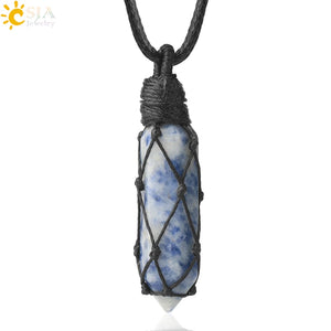 CSJA Healing Crystals Necklaces Stone Quartz Pendants Natural Rope Wrap