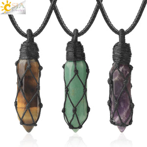 CSJA Healing Crystals Necklaces Stone Quartz Pendants Natural Rope Wrap