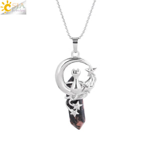 CSJA Hexagonal Crystal Necklace Cat Moon Star Pendant Healing Jewelry