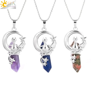 CSJA Hexagonal Crystal Necklace Cat Moon Star Pendant Healing Jewelry