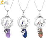 CSJA Hexagonal Crystal Necklace Cat Moon Star Pendant Healing Jewelry