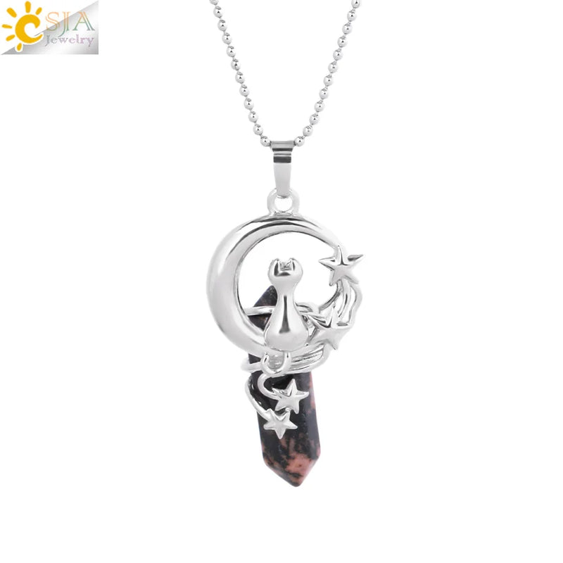 CSJA Hexagonal Crystal Necklace Cat Moon Star Pendant Healing Jewelry