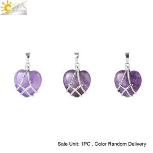 CSJA Heart Shape Crystal Pendant Necklace Amethyst Quartz H130