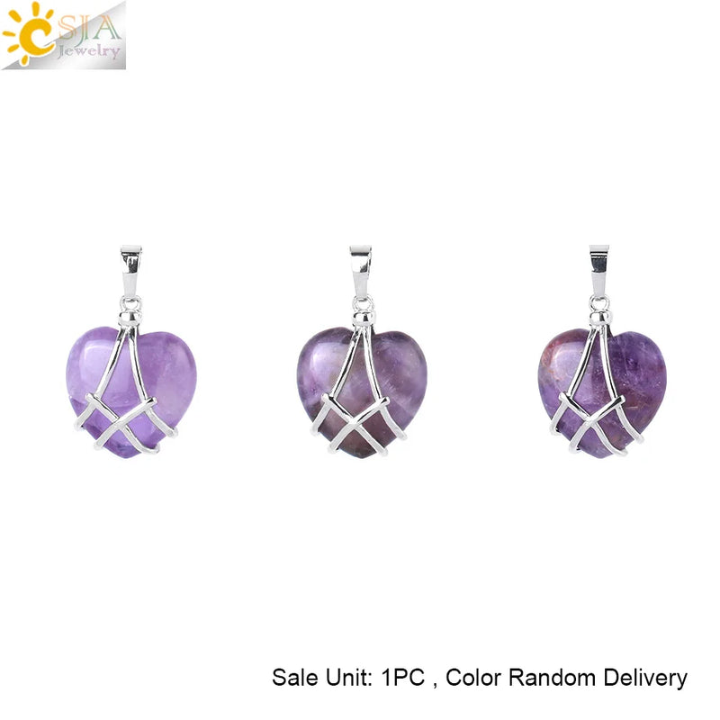 CSJA Heart Shape Crystal Pendant Necklace Amethyst Quartz H130