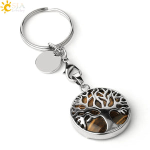 CSJA Natural Crystal Stone Tree of Life Keychain Lucky Key Ring Car Decor G498
