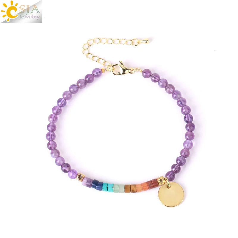 CSJA Mini 7 Chakras Bracelet Natural Stone 4mm Beads Yoga Bracelet Charm Jewelry