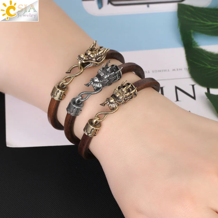 CSJA Dragon Head Leather Bracelet Minimalist Vintage Charm Bangle H149
