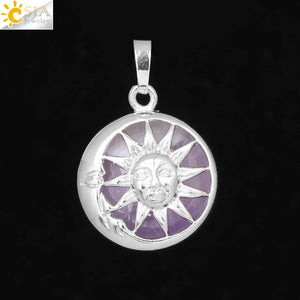 CSJA Moon Sun God Pendant Silver Box Natural Stone Round Beads Crystal Quartz