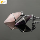 CSJA Multifaceted Natural Crystal Pendulum Tiger Eye Pink Quartz Healing Pendant