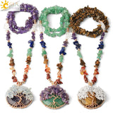 CSJA Natural Stone Chips Necklace Tree of Life Pendant