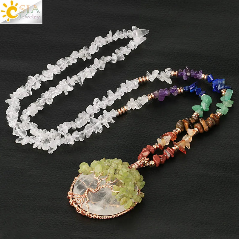CSJA Natural Stone Chips Necklace Tree of Life Pendant