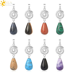 CSJA Green Aventurine Quartz Pendant Silver Spiral Hexagonal Water Drop Fluorite