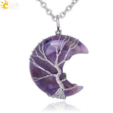 CSJA Moon Tree Life Pink Quartz Crystal Pendant Necklace
