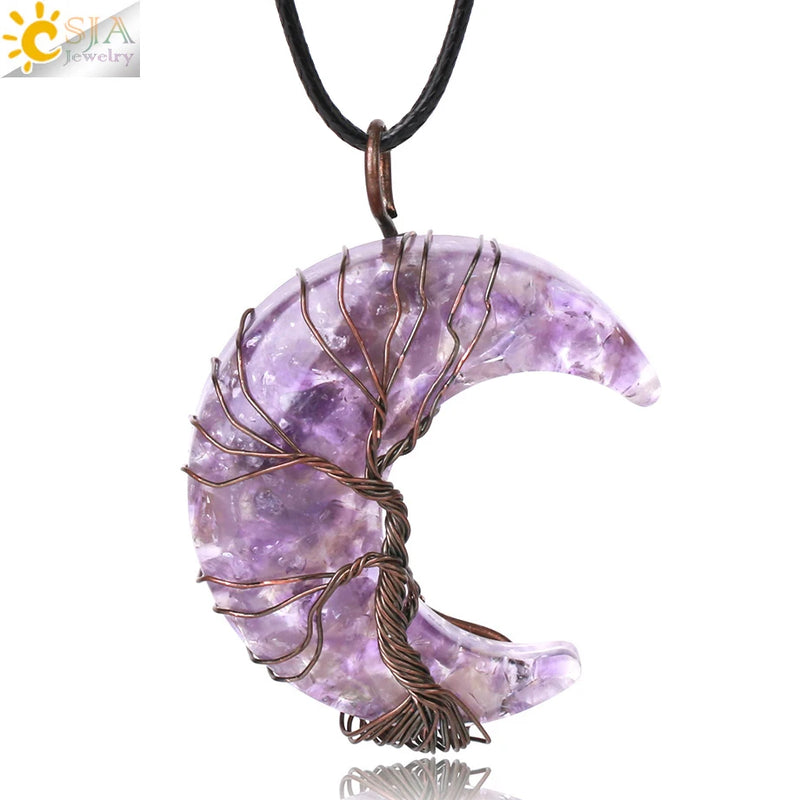CSJA Moon Tree Life Pink Quartz Crystal Pendant Necklace
